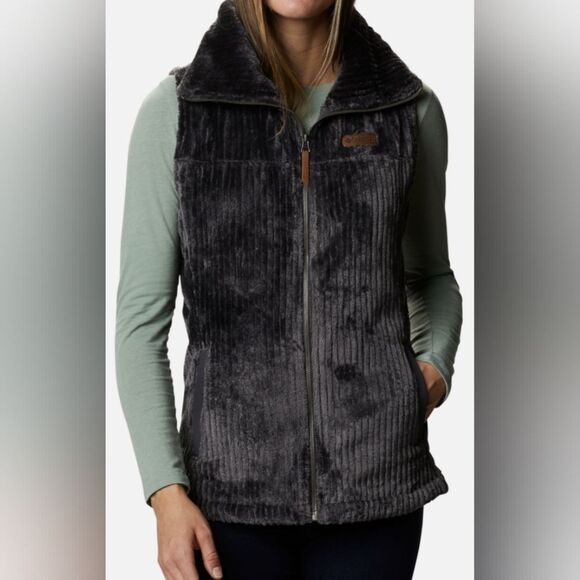 NWT Columbia fire side high-pile sherpa fleece side pockets navy zip up vest, - Picture 1 of 12